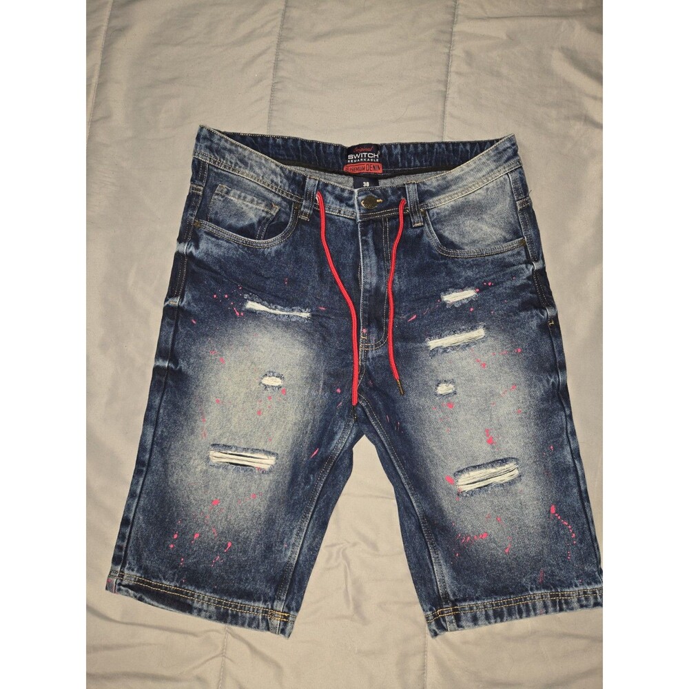 NWT Switch Remarkable Shorts Mens 38 Blue Denim Faded Plaint Splatter Distressed